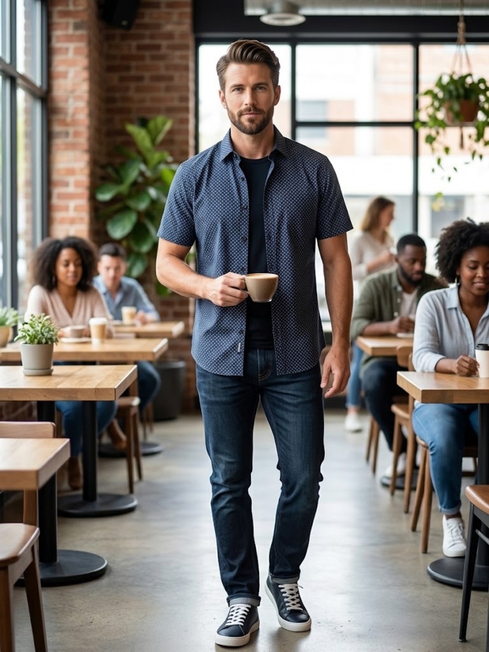 Beverly Hills Polo Club Navy Short-Sleeve Micro-Pattern Button-Down Shirt